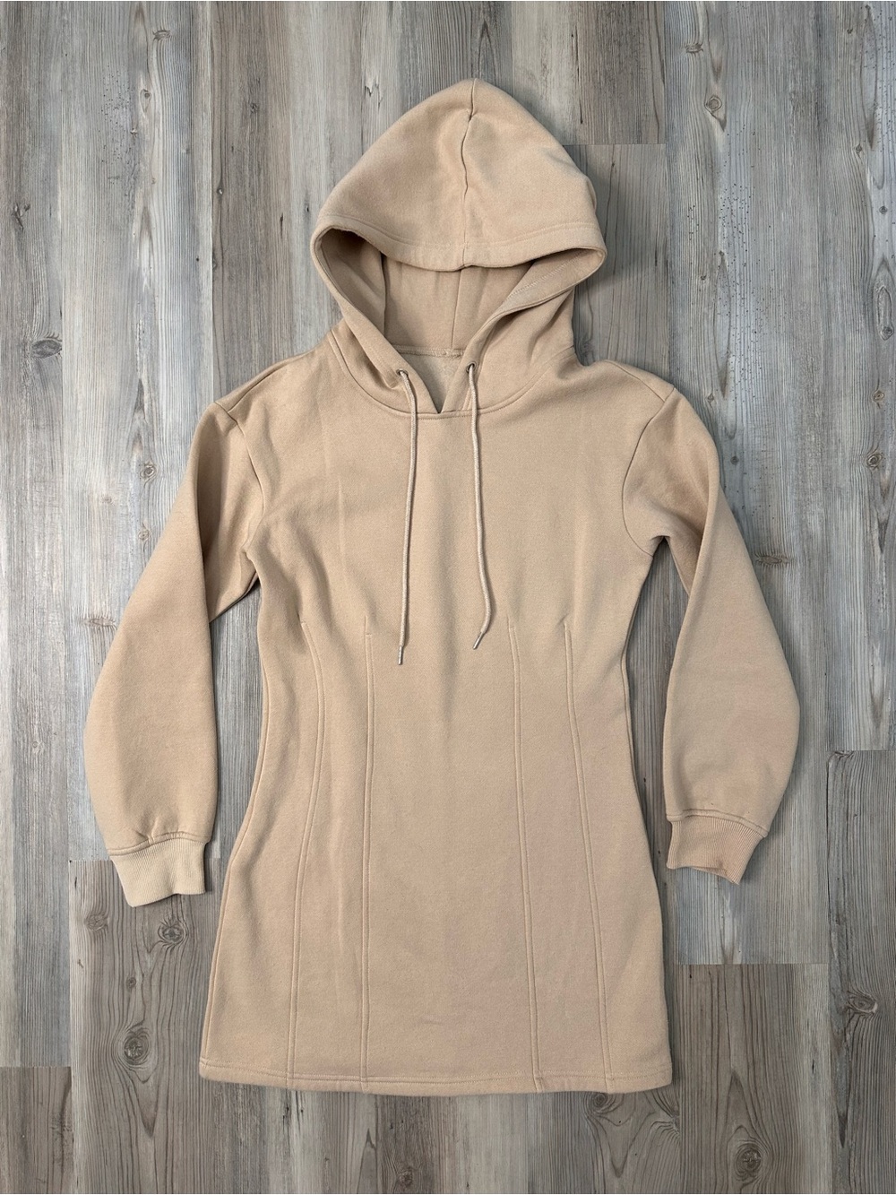 Beige Fitted Hooded Sweatshirt Dress